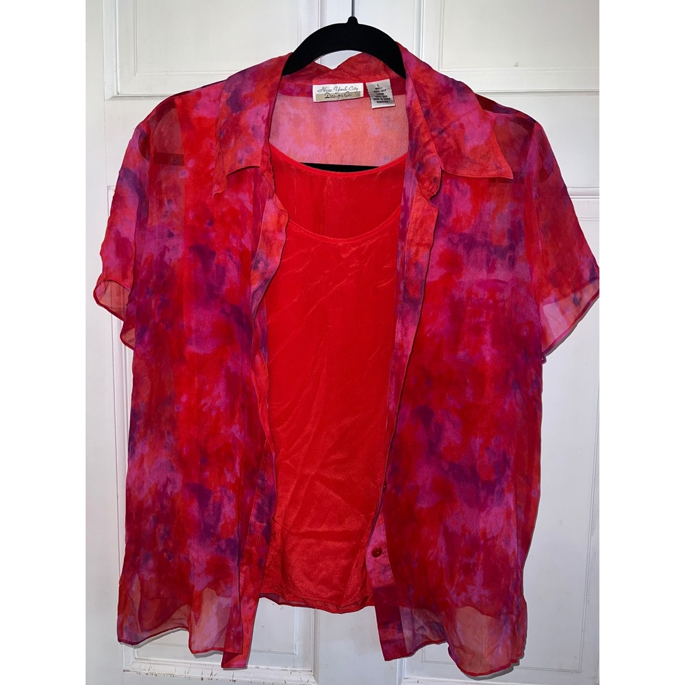 New York City Design Co Vintage 90s Silk Twinset Blouse Red Watercolor Large